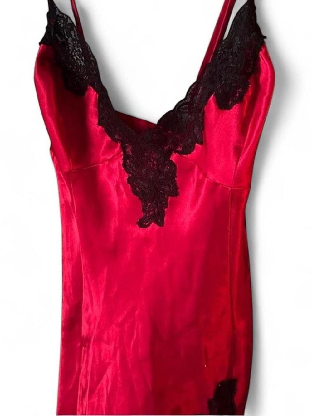 Frederick’s of Hollywood Red Satin Slip Dress with Black Lace Trim
